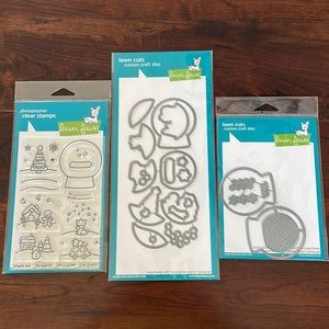 Brand new, never used.  Lawn Fawn Snow Globe Scenes stamp, die, and add on set